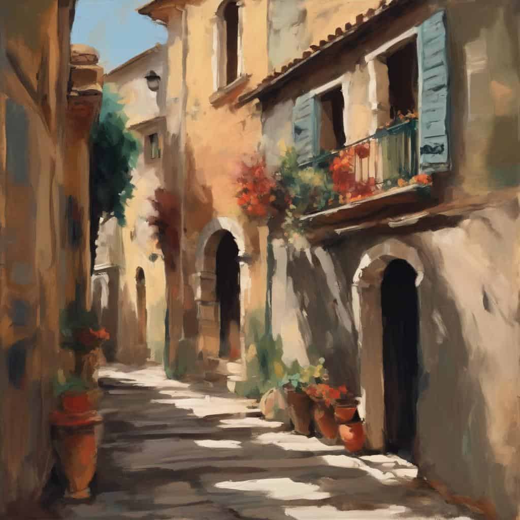 ρης καλλιτεχνικά ρεύματα και ιστορική εξέλιξη στην τέχνη, παλιά ευρωπαϊκή πόλη, ζωγραφική τοπίου και αρχιτεκτονική ποιότητα.