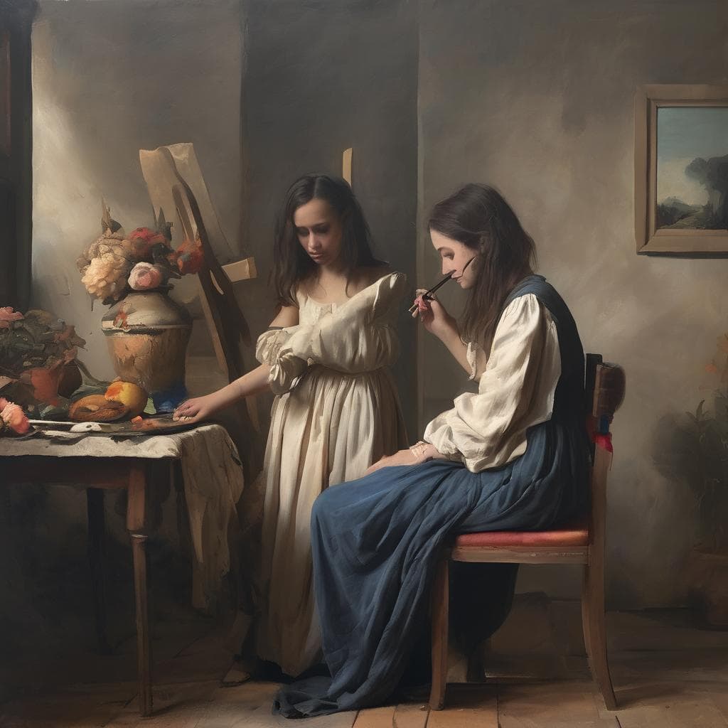 Καλλιτεχνικά ρεύματα και ιστορική εξέλιξη στην τέχνη, αναπαράσταση δύο γυναικών σε παραδοσιακό περιβάλλον.